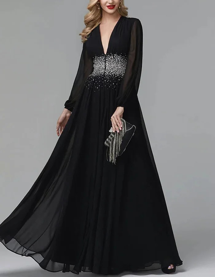 V-neck Solid Color Chiffon Long Sleeves Maxi Dress