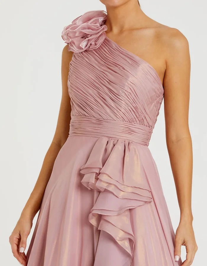 Pink One-Shoulder Ruched Chiffon Maxi Dress With 3D Floral