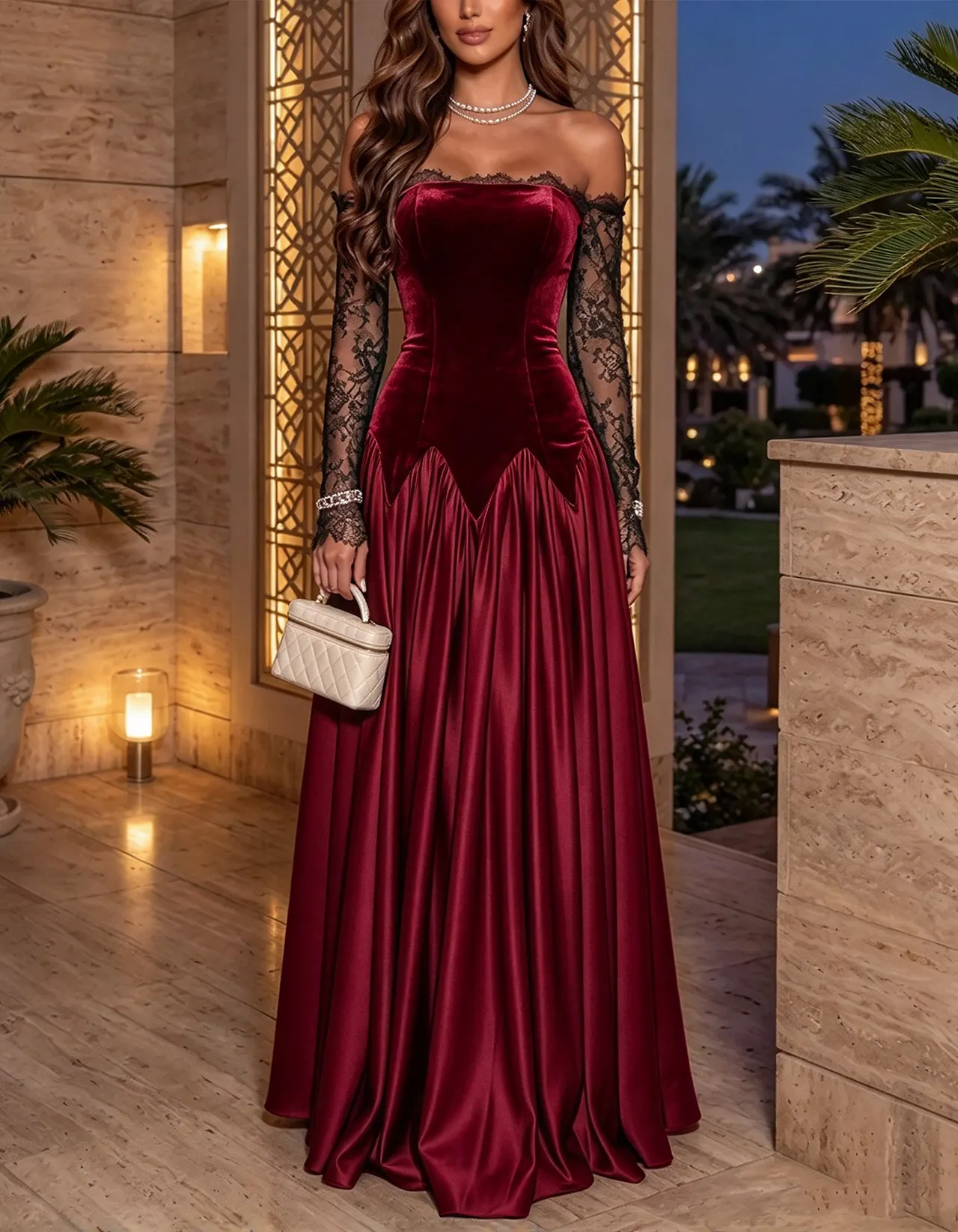 Green Off-the-Shoulder Lace Velvet & Satin Maxi Dress