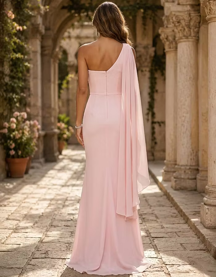 Light Pink One Shoulder 3D Flower Side Cape Chiffon Maxi Dress