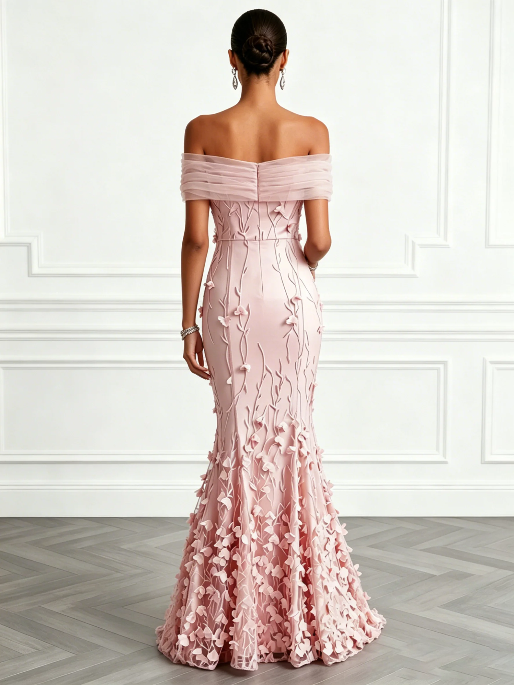 Light Pink 3D Floral Embroidery Classic Off The Shoulder Short Sleeve Mermaid Gown Dress