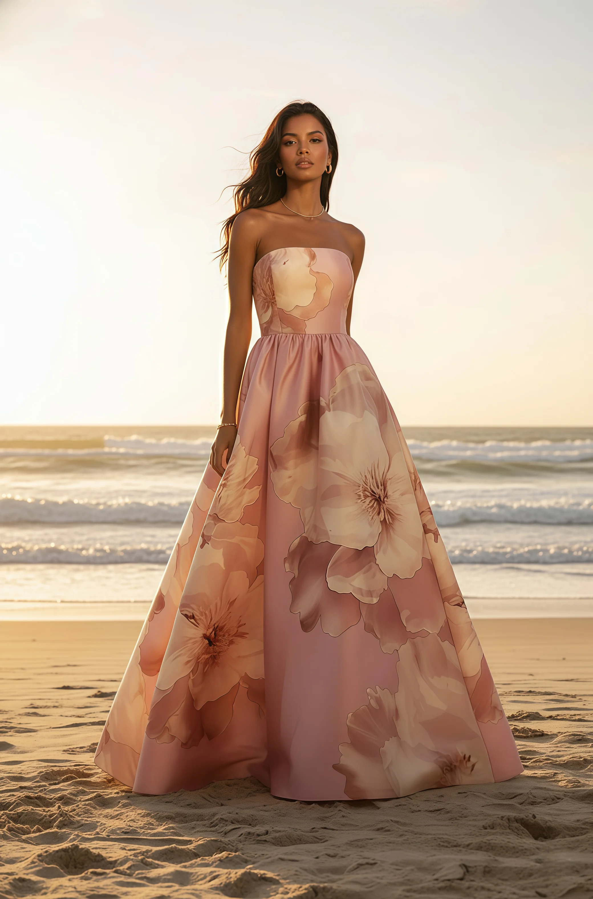 Pink Floral Satin Strapless Sleeveless A-Line Floor-length Gown Dress