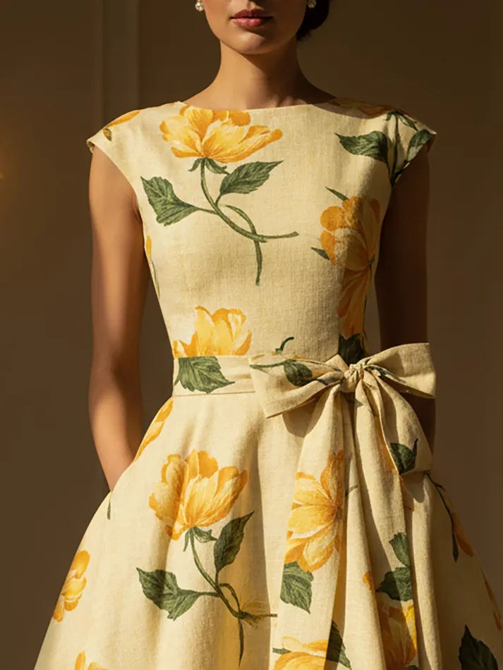 Midi Linen Dress, Cap Sleeves, Round Neck, Floral, Bow, Vintage, Yellow