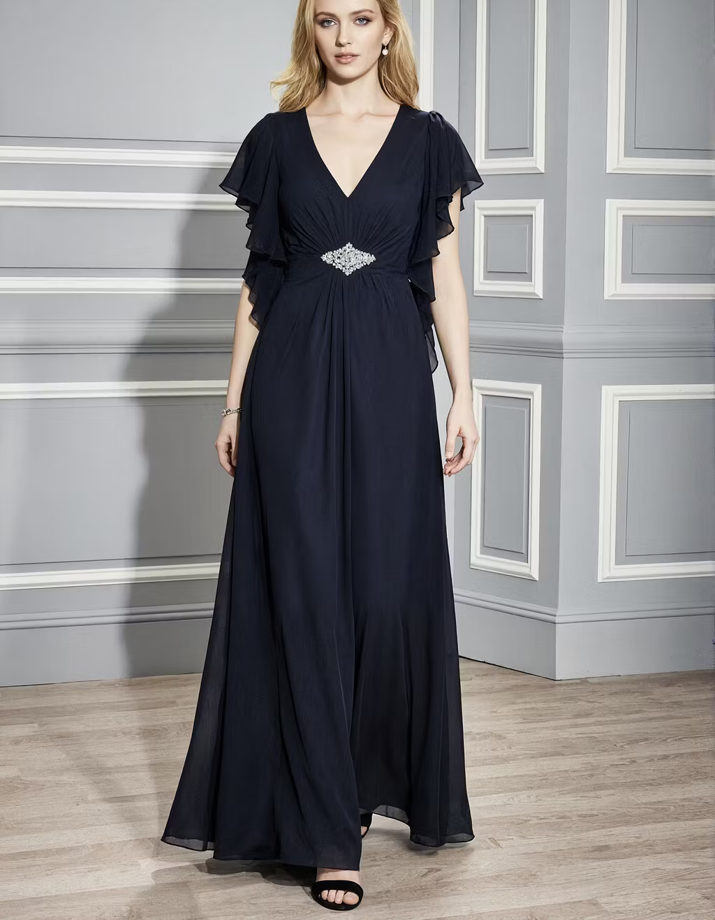 Navy Blue V-Neck Ruffled Sleeve Chiffon Maxi Dress