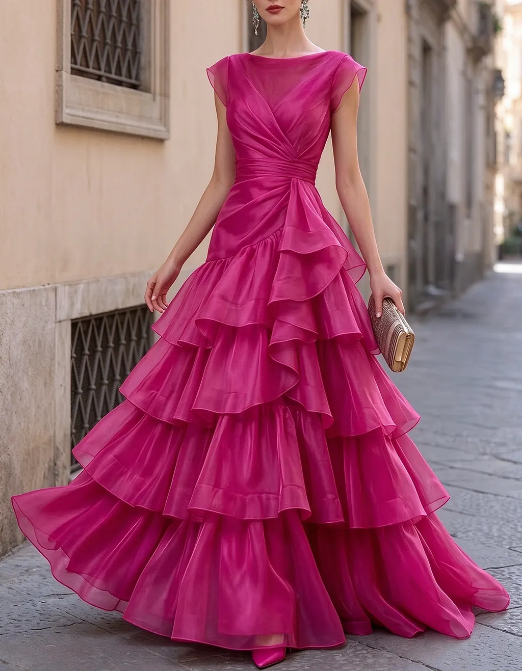 Boat Neck Tiered Organza Ruffle Evening Maxi Dress