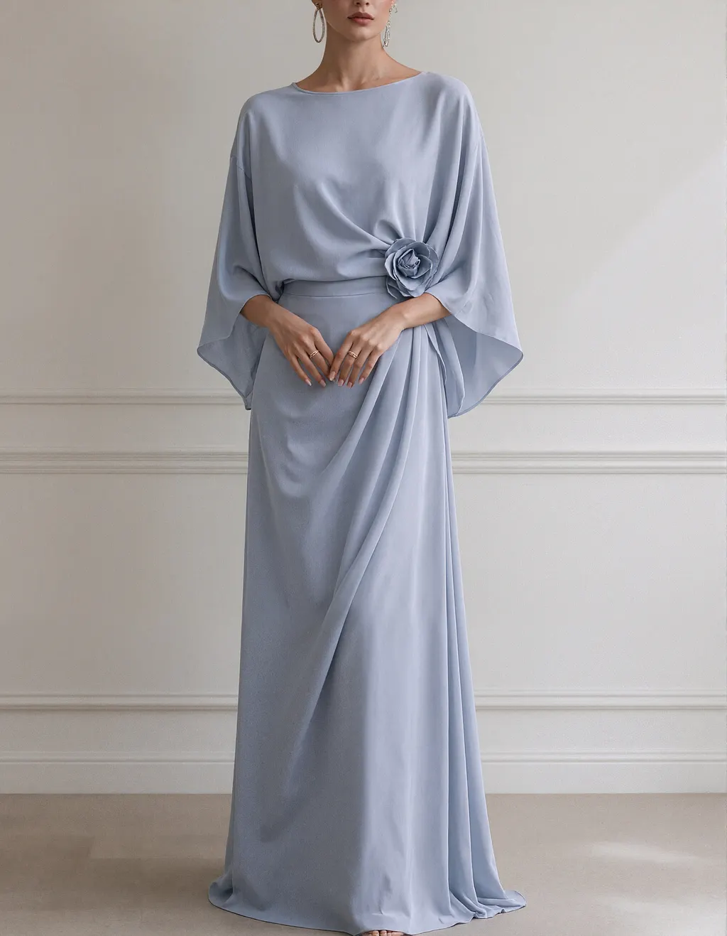 Solid Color Boat Neck Batwing Sleeves Maxi Dress