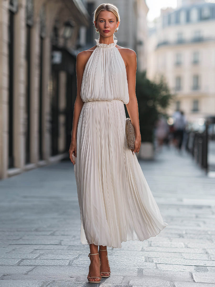 Pleated Halter Neck Flowing Maxi Dress