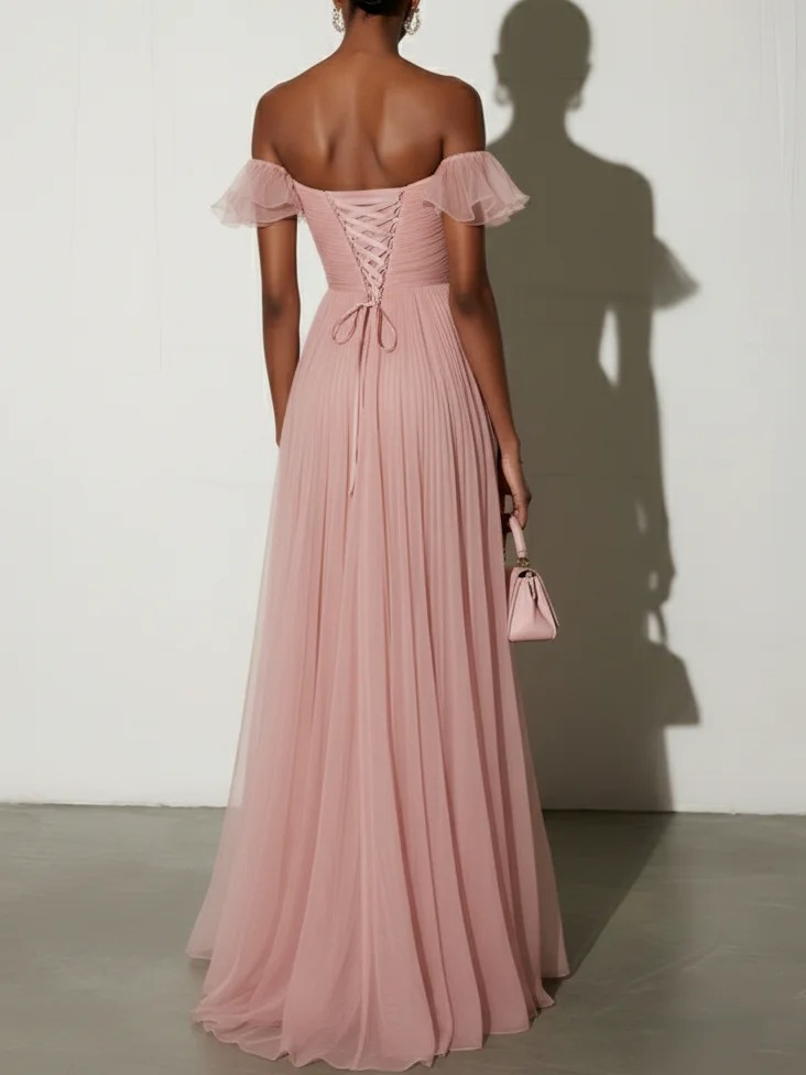 Pink Ruffled Pleated Tulle Off The Shoulder Short Sleeve A-Line Gown Dress