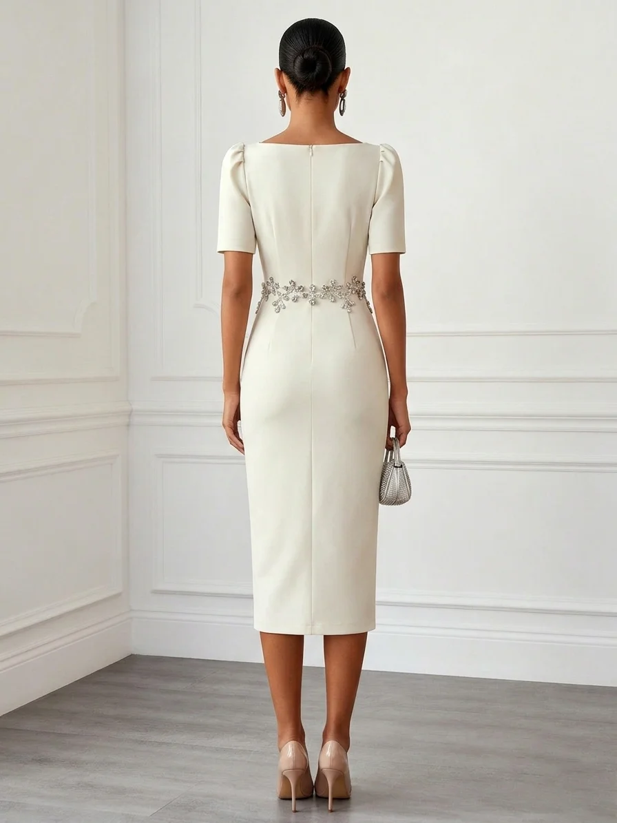 Off White Rhinestone Classic Square Neck Short Sleeve Sheath Midi Dress