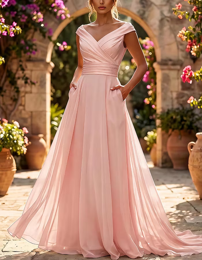 Light Blue Off-the-Shoulder Ruched Chiffon A-Line Maxi Dress