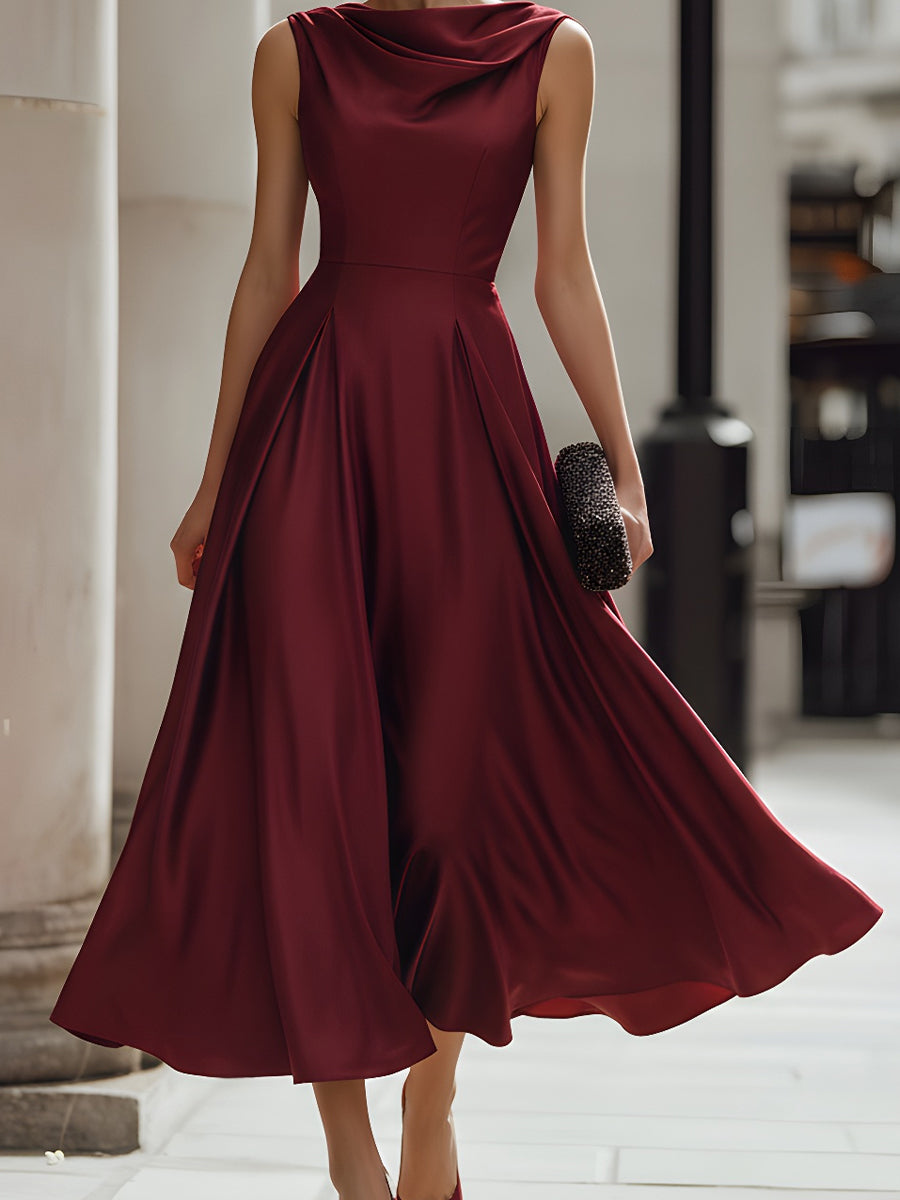 Burgundy Draped Sleeveless Midi Dress With Defined Waist