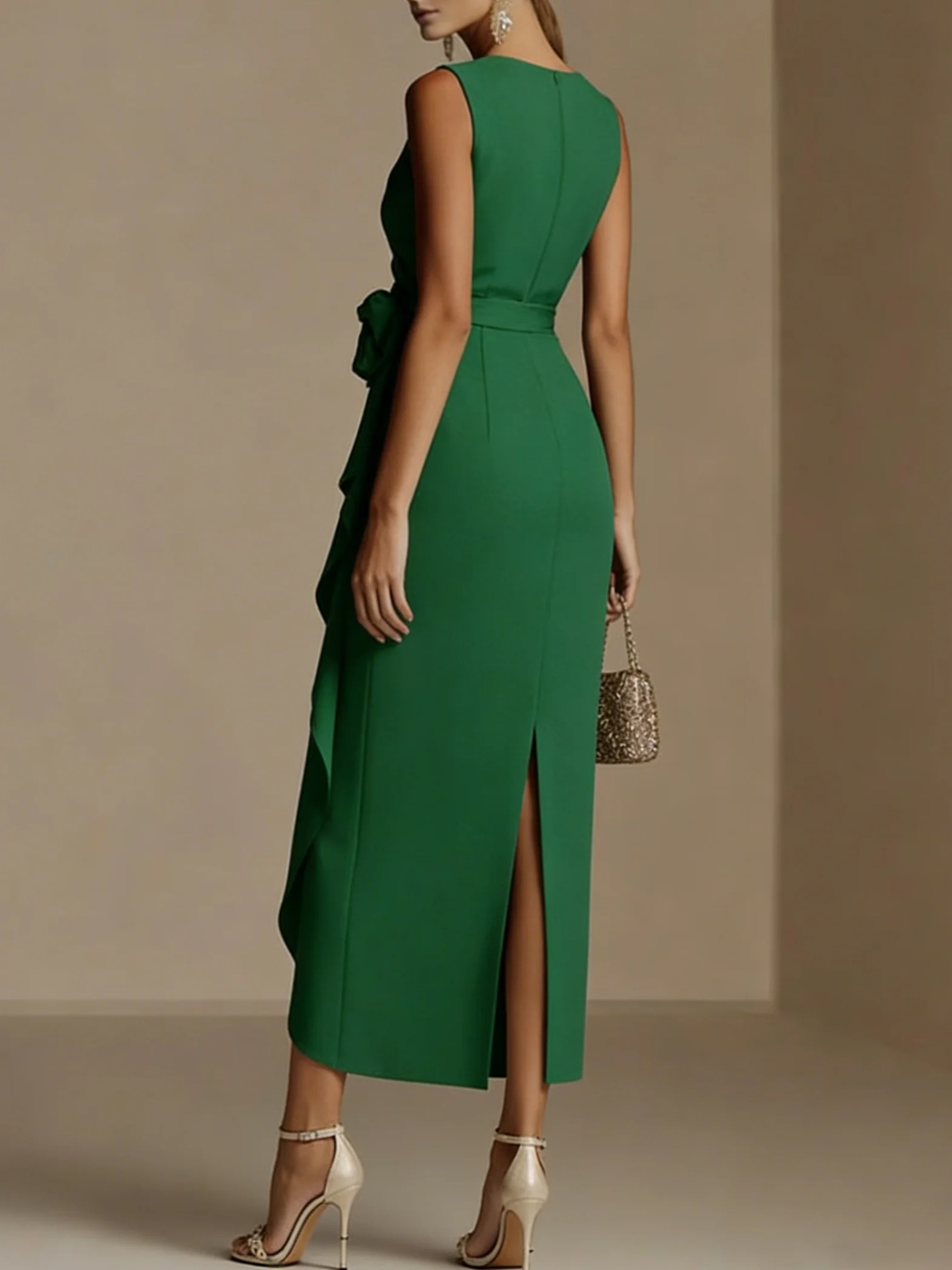 Green 3D Floral Peplum Classic V Neck Sleeveless Shift Midi Dress
