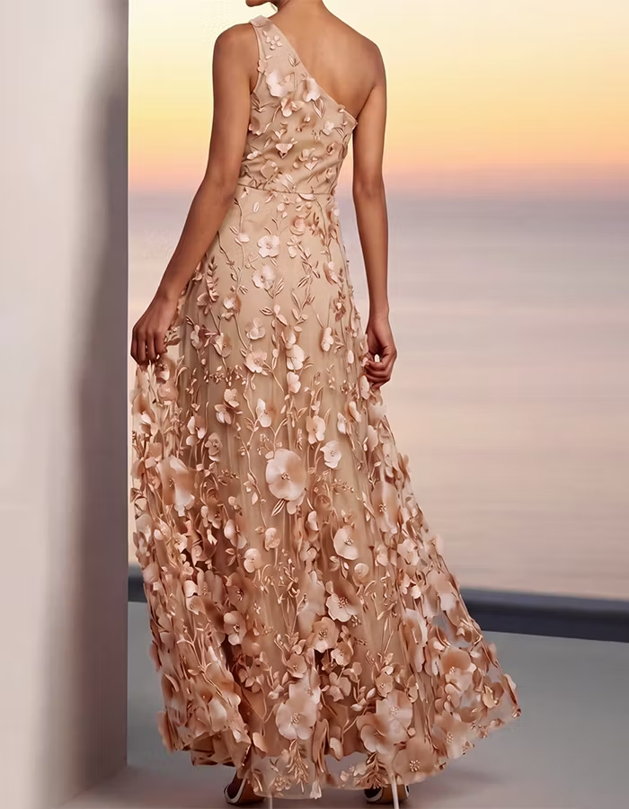 Champagne One-Shoulder Lace 3D Floral Maxi Dress
