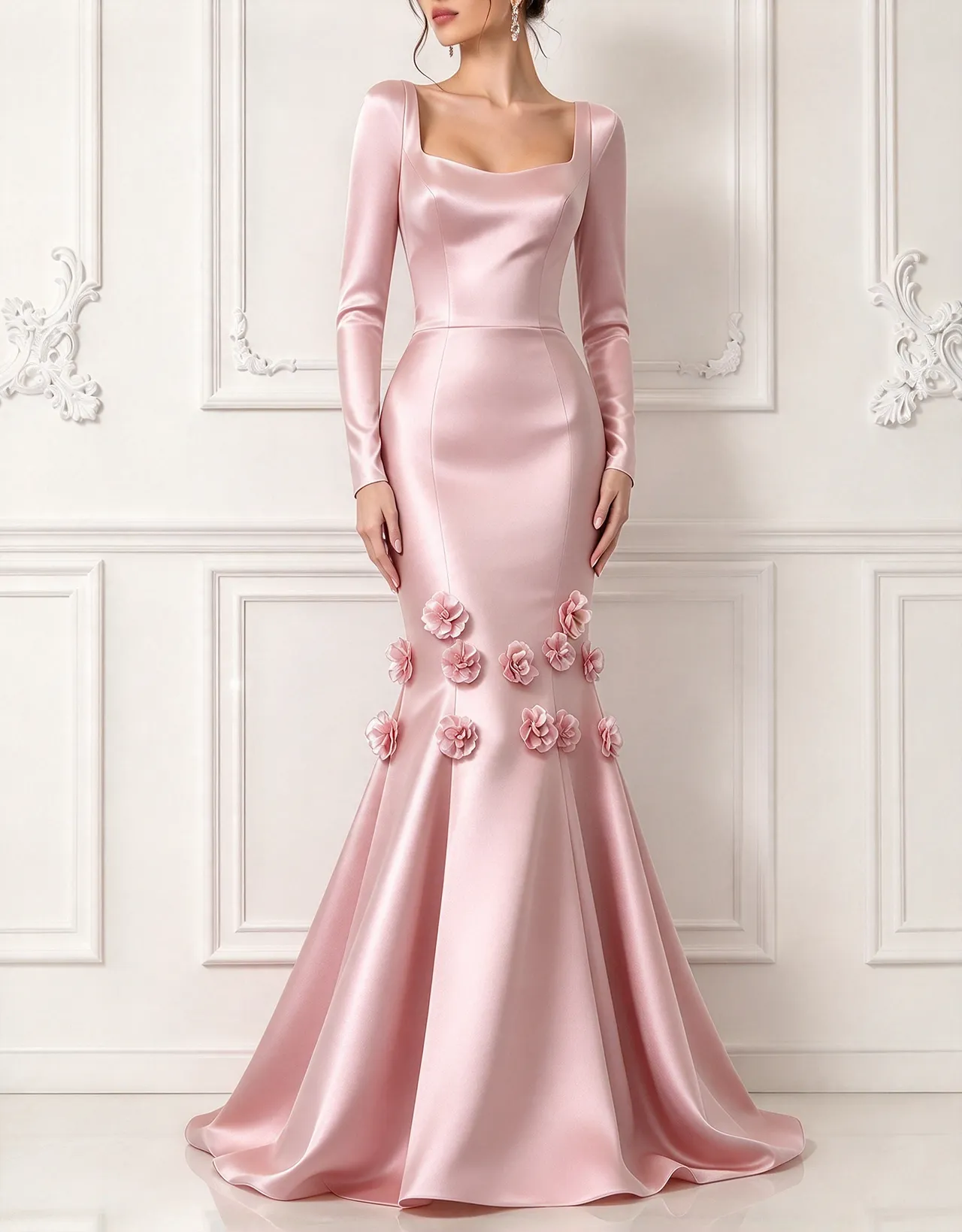 Square Neck Long Sleeve Satin 3D Flowers Mermaid Maxi Dress