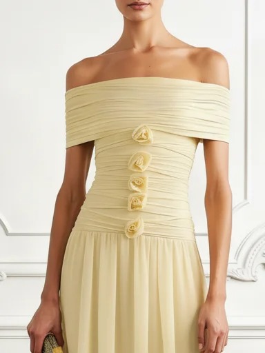 Yellow 3D Floral Chiffon Off The Shoulder Sleeveless A-Line Maxi Dress