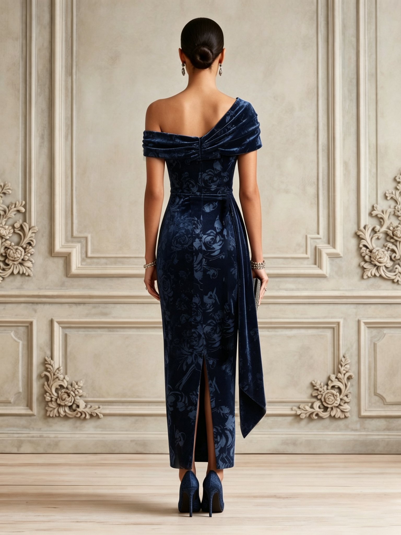 Purplish Blue Split Joint Ruched Velvet One Shoulder Short Sleeve Bodycon Maxi Dress
