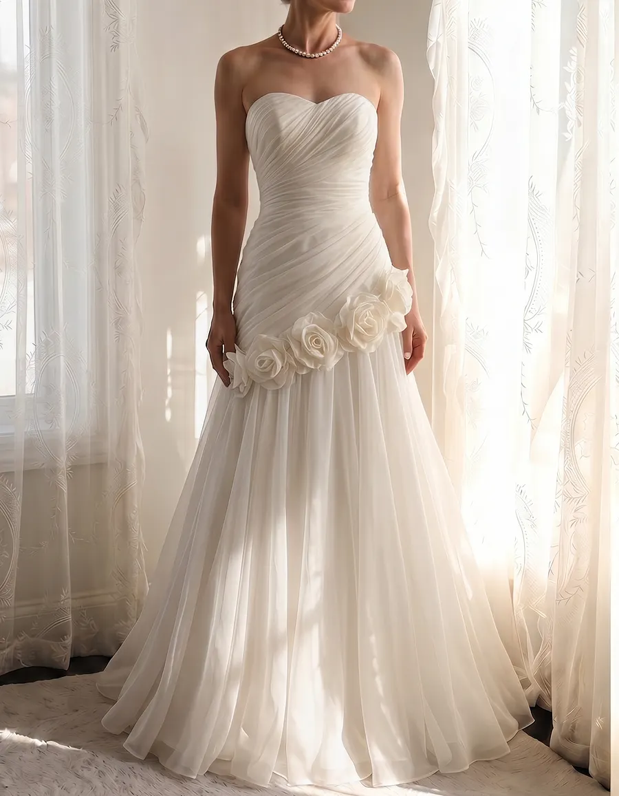 Chiffon Strapless Asymmetrical 3-Dimensional Rose Maxi Dress