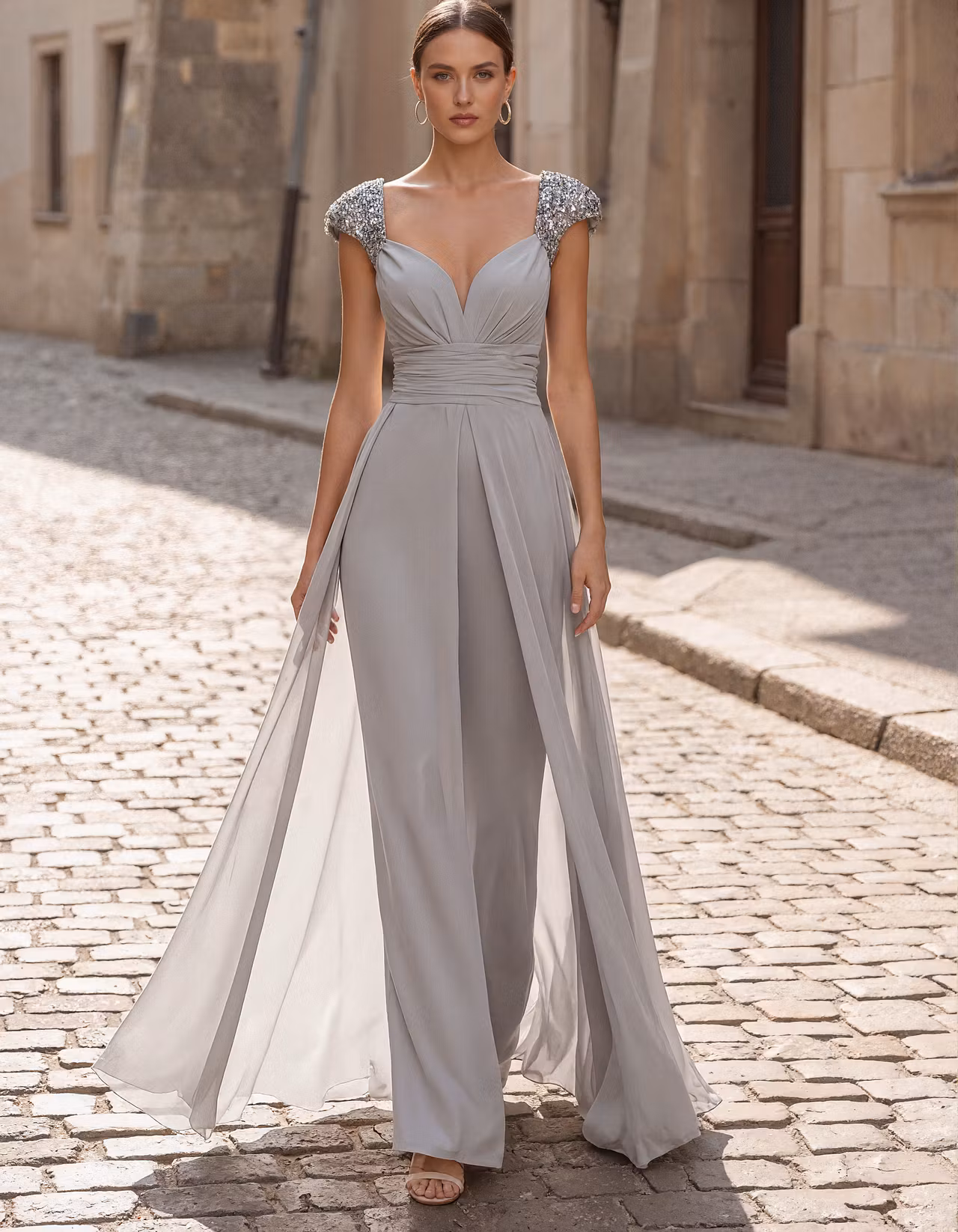 Grey Sequined Chiffon Jumpsuit