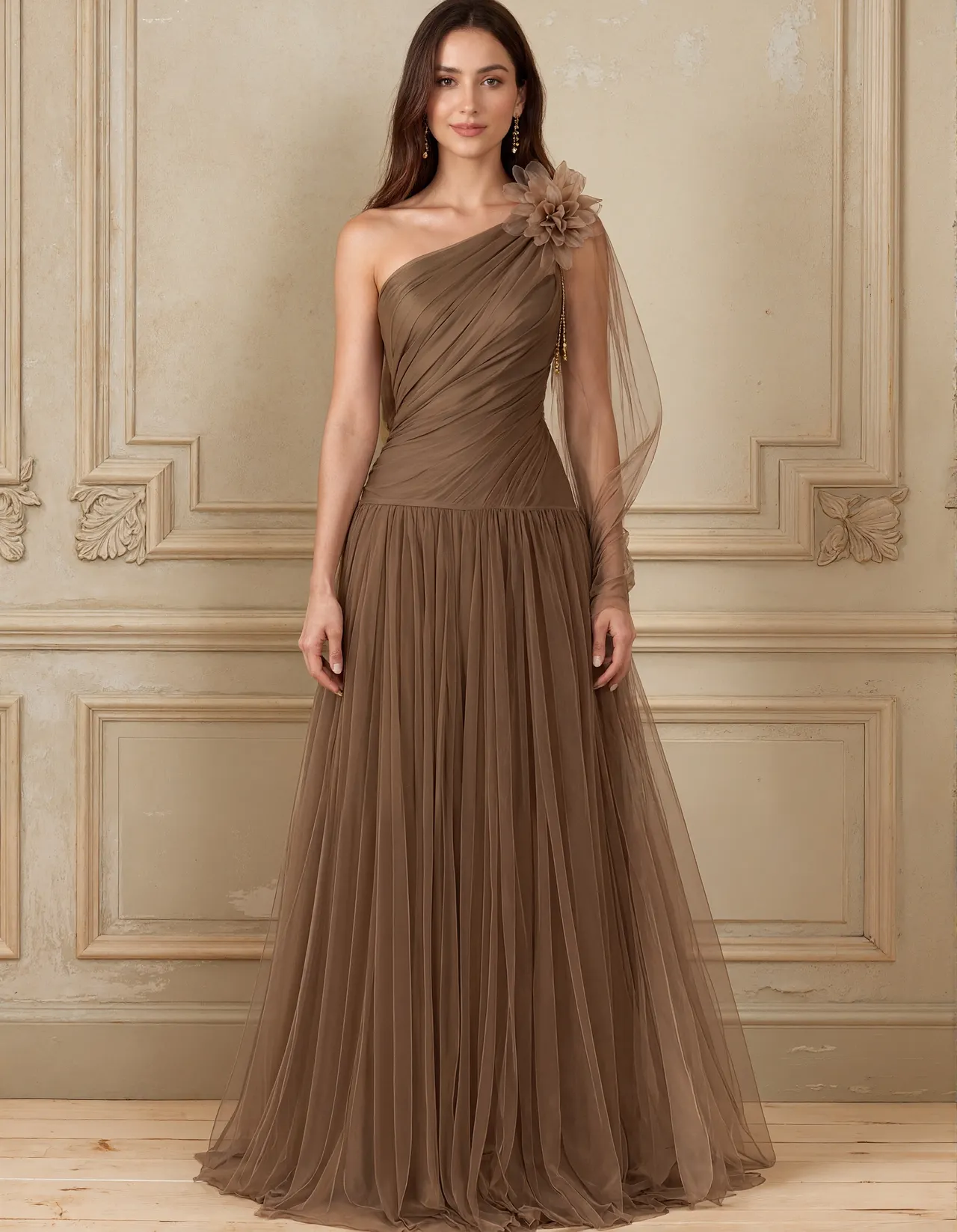 Brown A-line Tulle With One Shoulder Design Maxi Dress