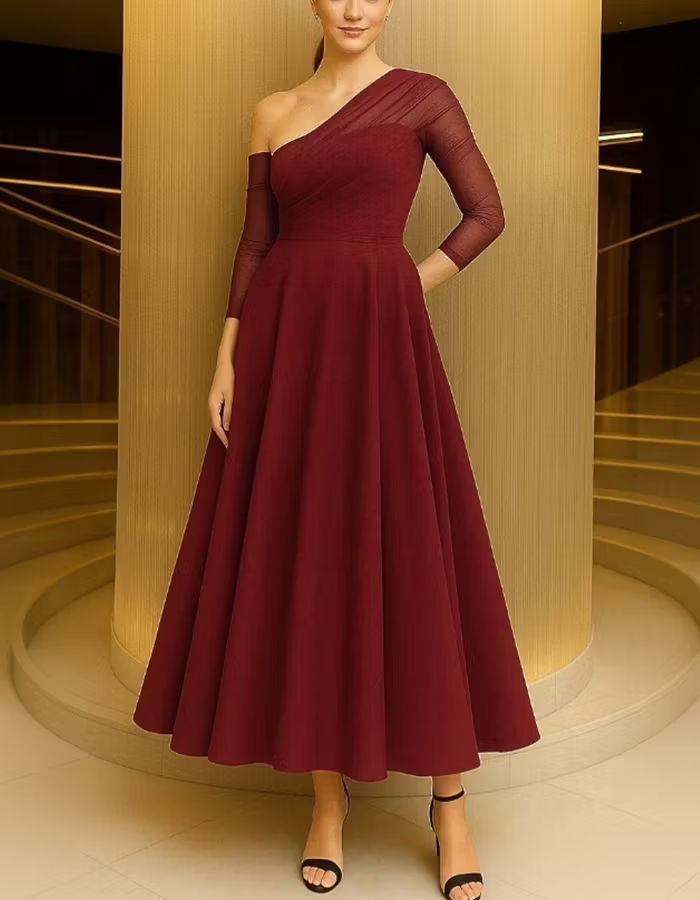 Asymmetrical One Shoulder Sheer Mesh Long Sleeve Midi Dress