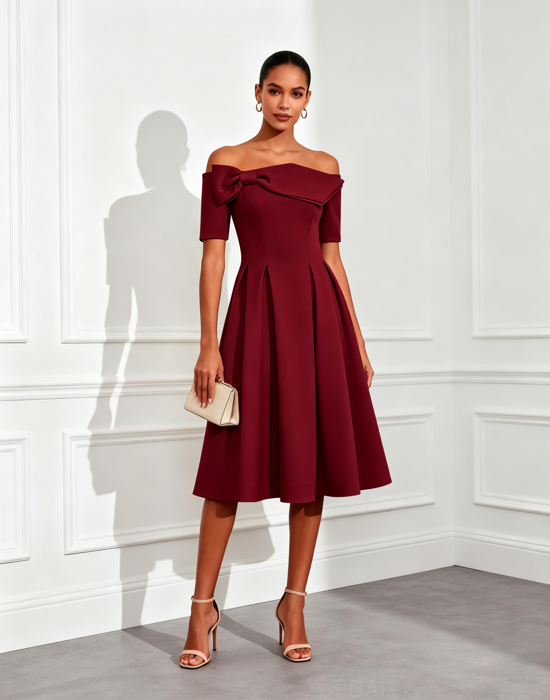 Burgundy Bow Classic Off The Shoulder Short Sleeve A-Line Midi Dress