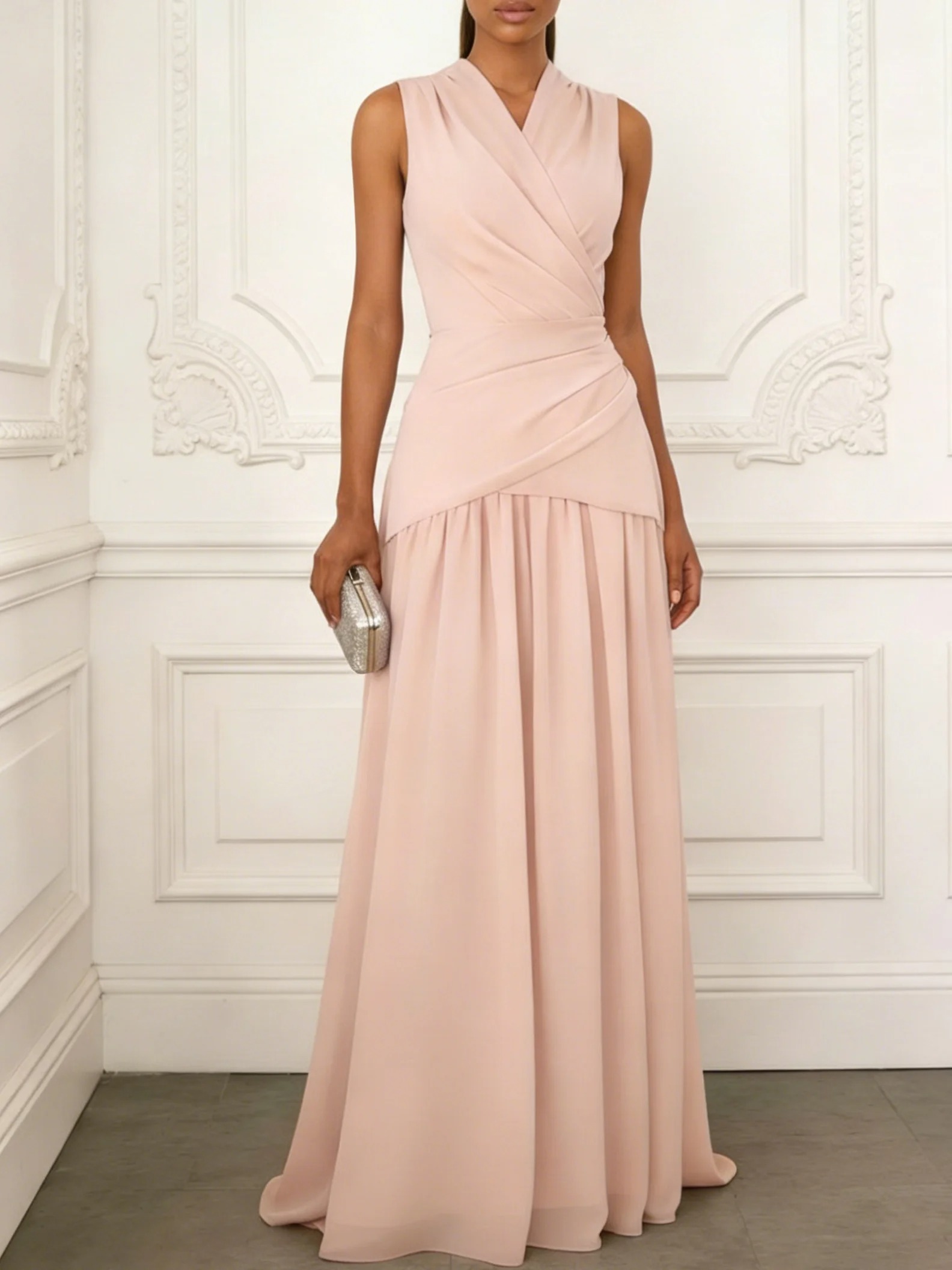 Pink Ruched Chiffon V Neck Sleeveless A-Line Maxi Dress