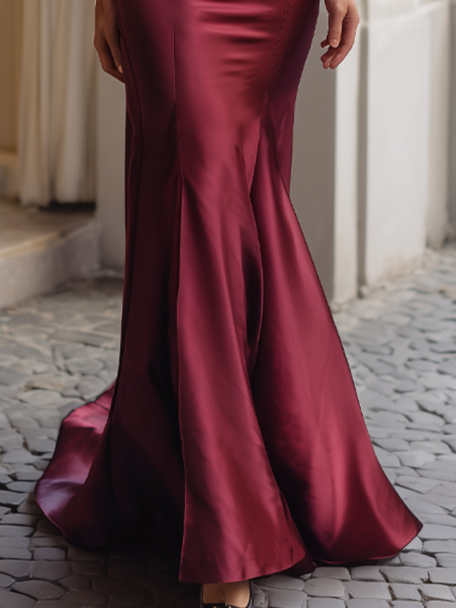 Burgundy Elegant Off-Shoulder Lace-Up Back Mermaid Evening Gown