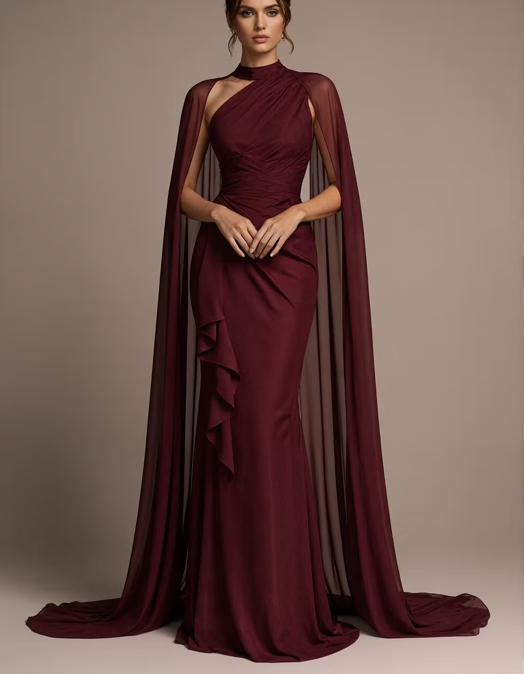 Burgundy High Neck Shawl Sleeve Chiffon Satin Maxi Dress