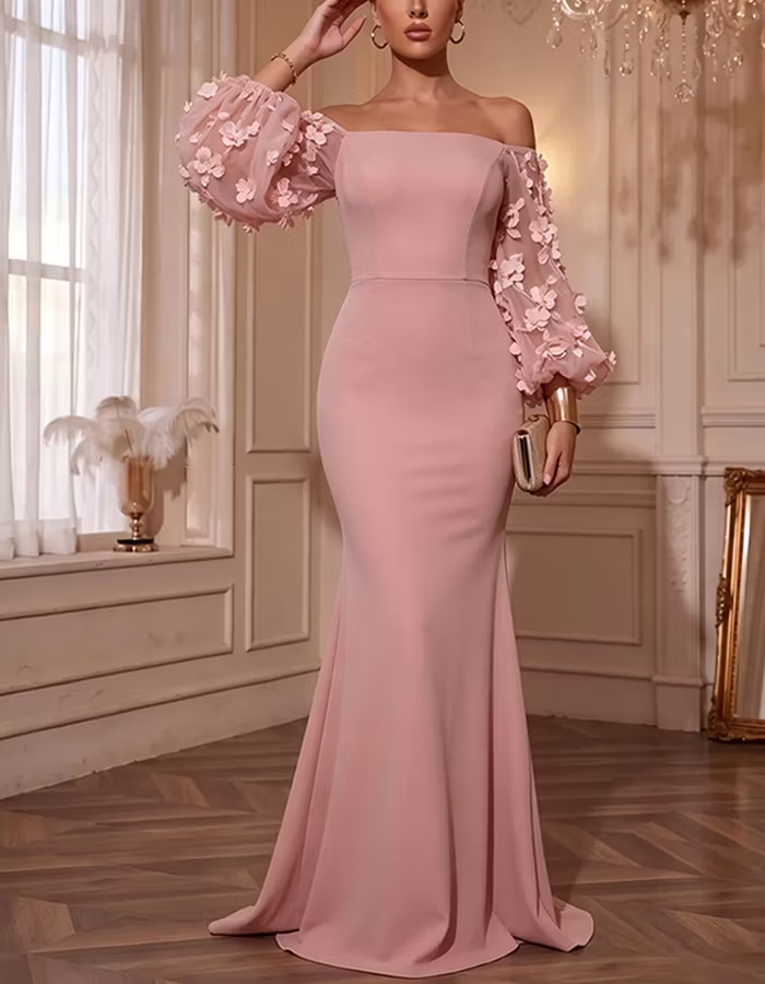 Mauve Pink Off Shoulder 3D Flower Sheer Puff Sleeve Maxi Dress