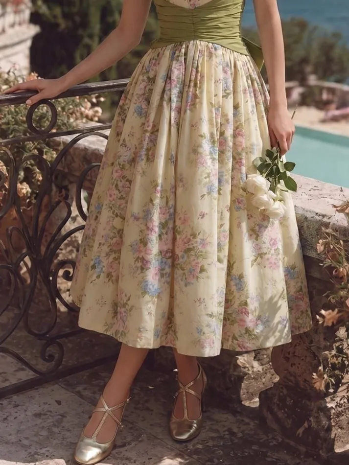 Midi Linen Dress, Sleeveless, Boat Neck, Floral, Pleated Design, Vintage, Yellow