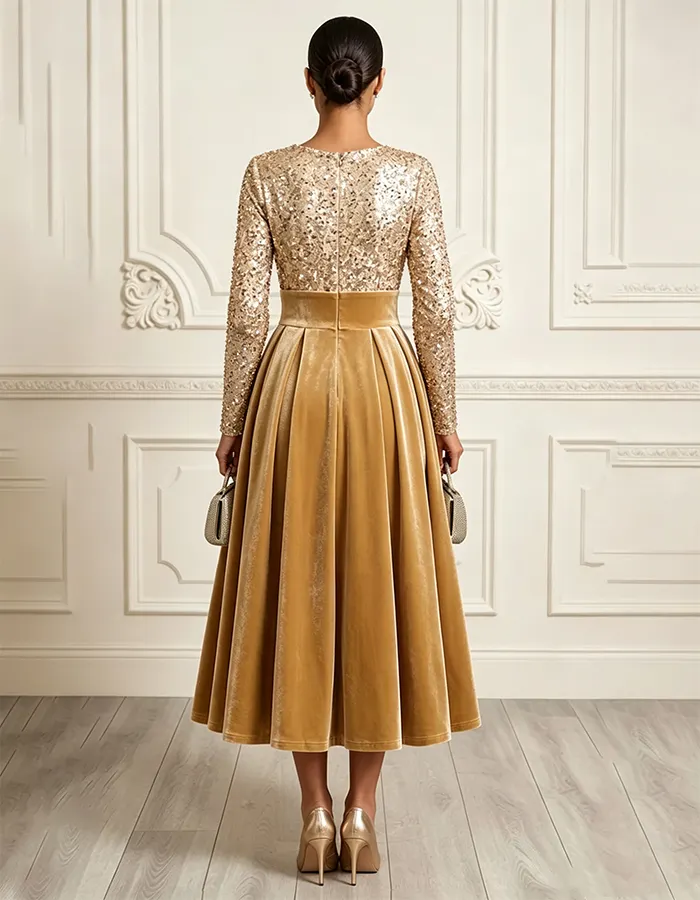 Gold Round Neck Long Sleeved Sequined Velvet Midi Dress