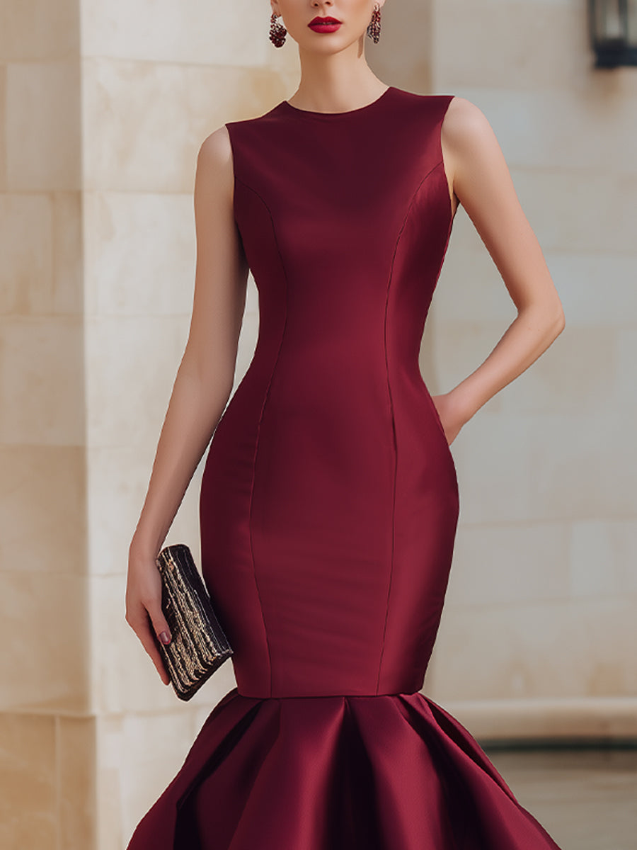 Burgundy Sleeveless Mermaid Hem Midi Dress