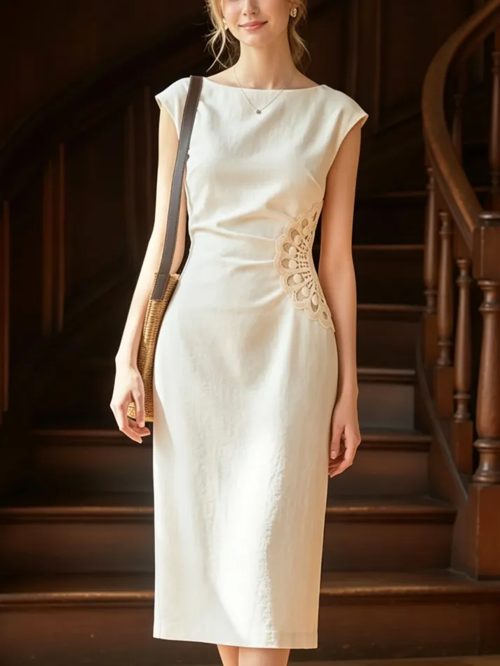 Midi Linen Dress, Cap Sleeves, Boat Neck, Lace, French Vintage, White