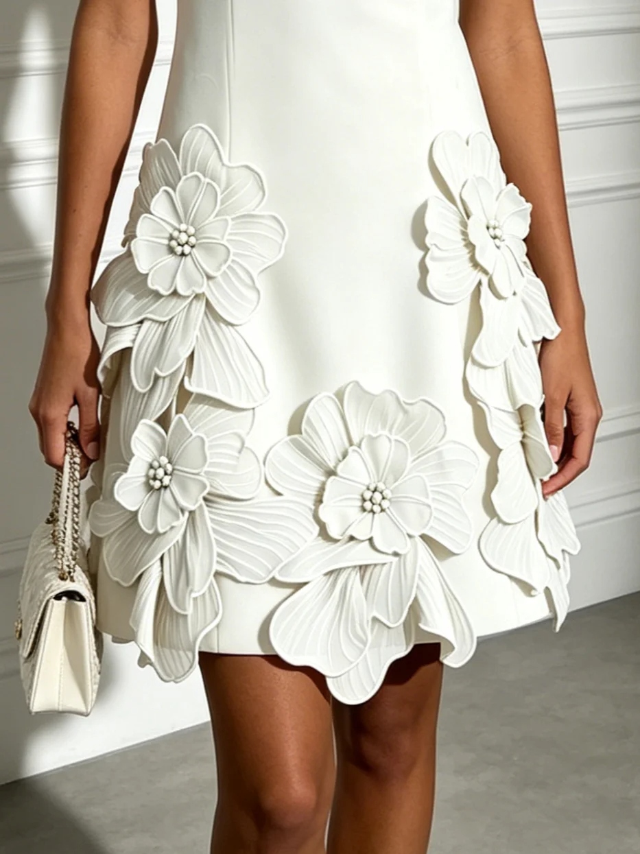 White 3D Floral Pearl Classic Boat Neck Sleeveless A-Line Mini Dress