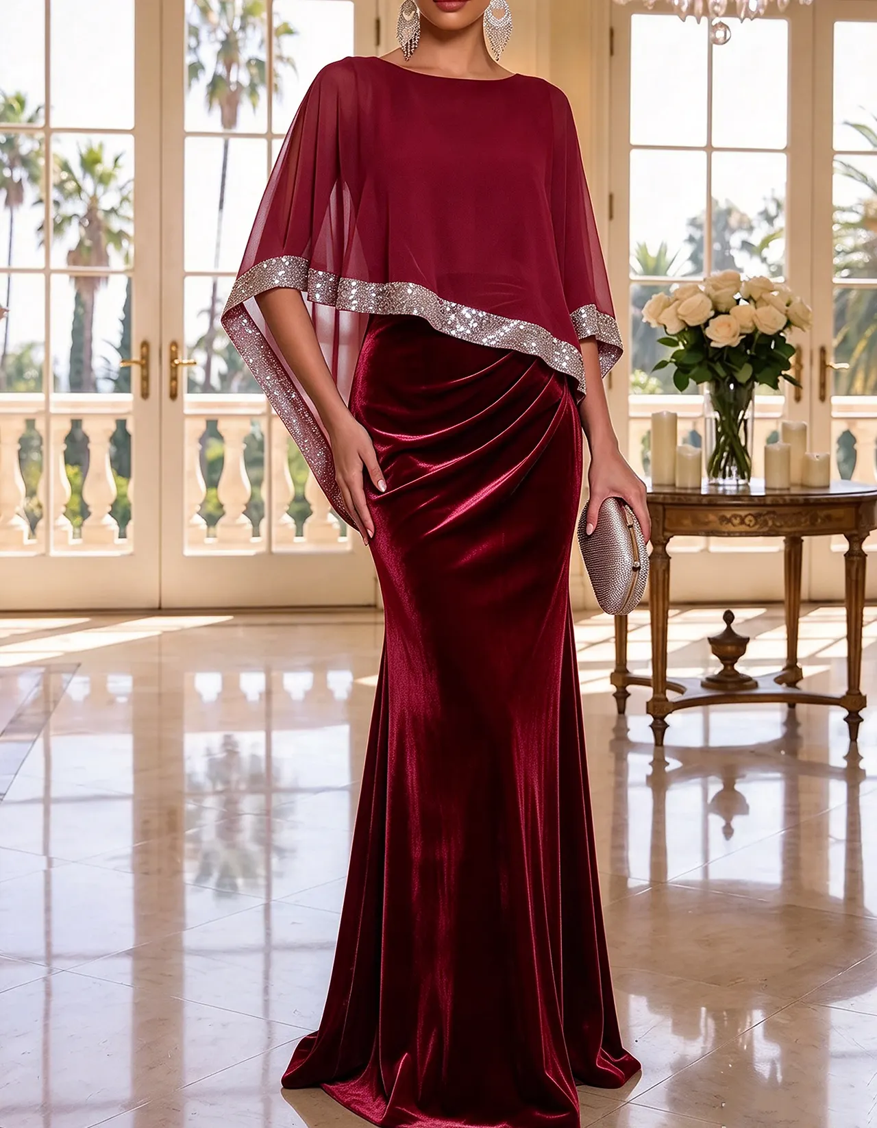 Grey Sequin Trim Chiffon Cape Velvet Mermaid Maxi Dress