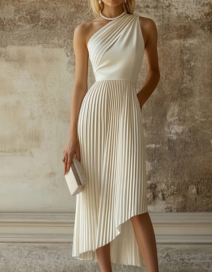 Ivory One-Shoulder Pleated Midi Dress