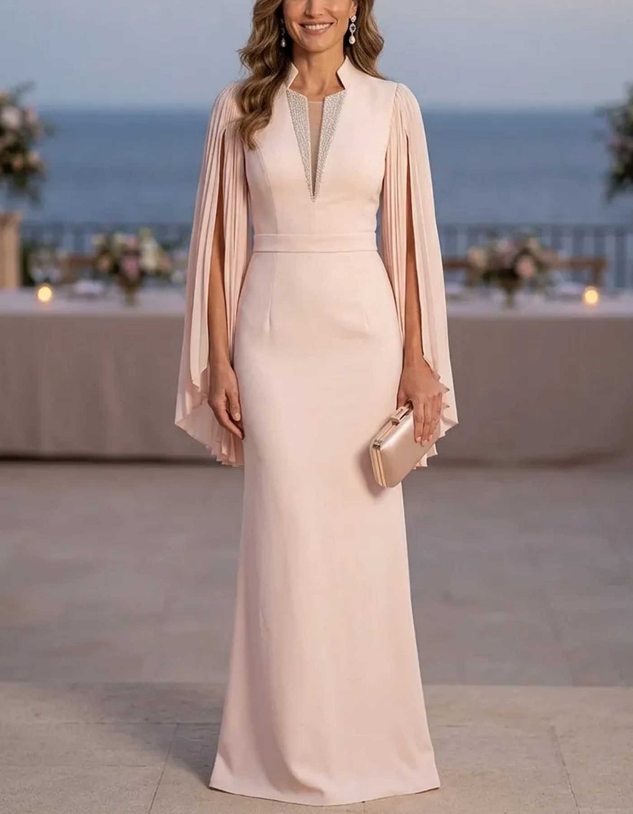 Chiffon Pleated Cape Sleeve V-Neck Maxi Dress