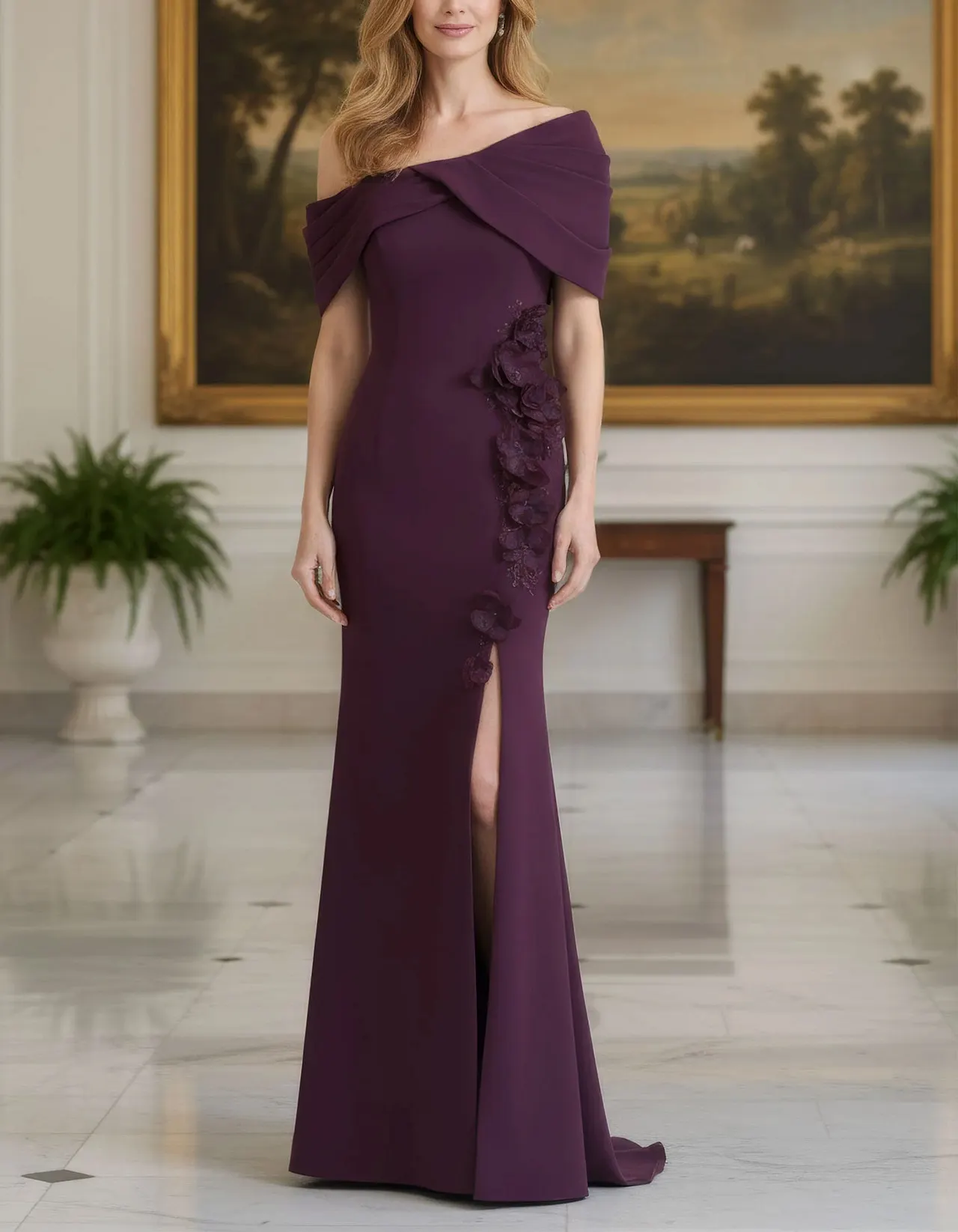 Solid Color Off Shoulder Pleated Fishtail Maxi Dress