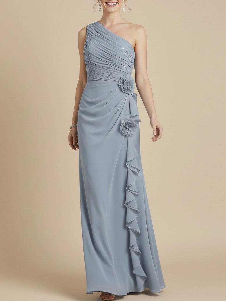 Dusty Blue Sheath Maxi Chiffon One-Shoulder Ruched Rosette Bridesmaid Dress