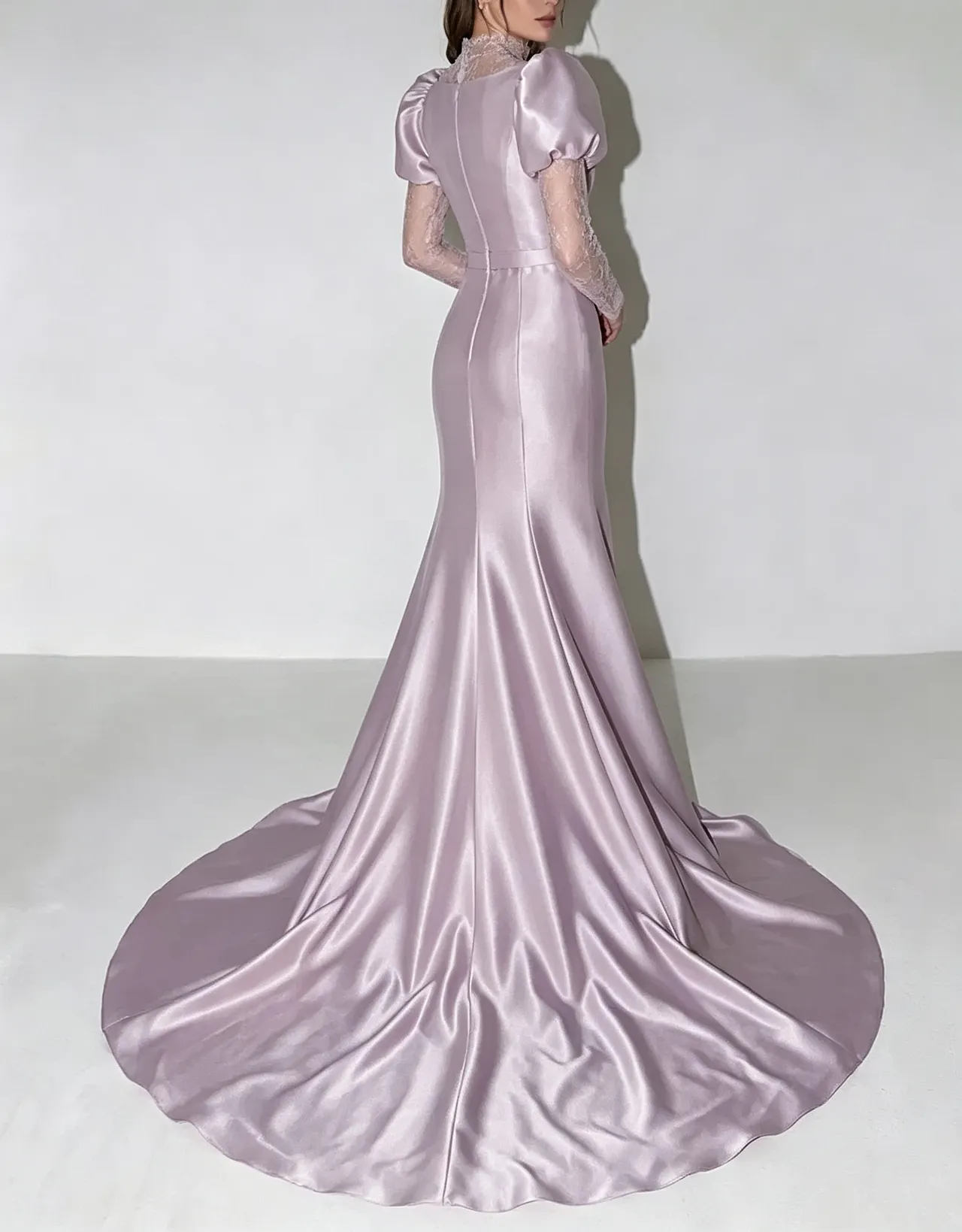High Neck Lace Long Sleeve Satin Mermaid Evening Maxi Dress