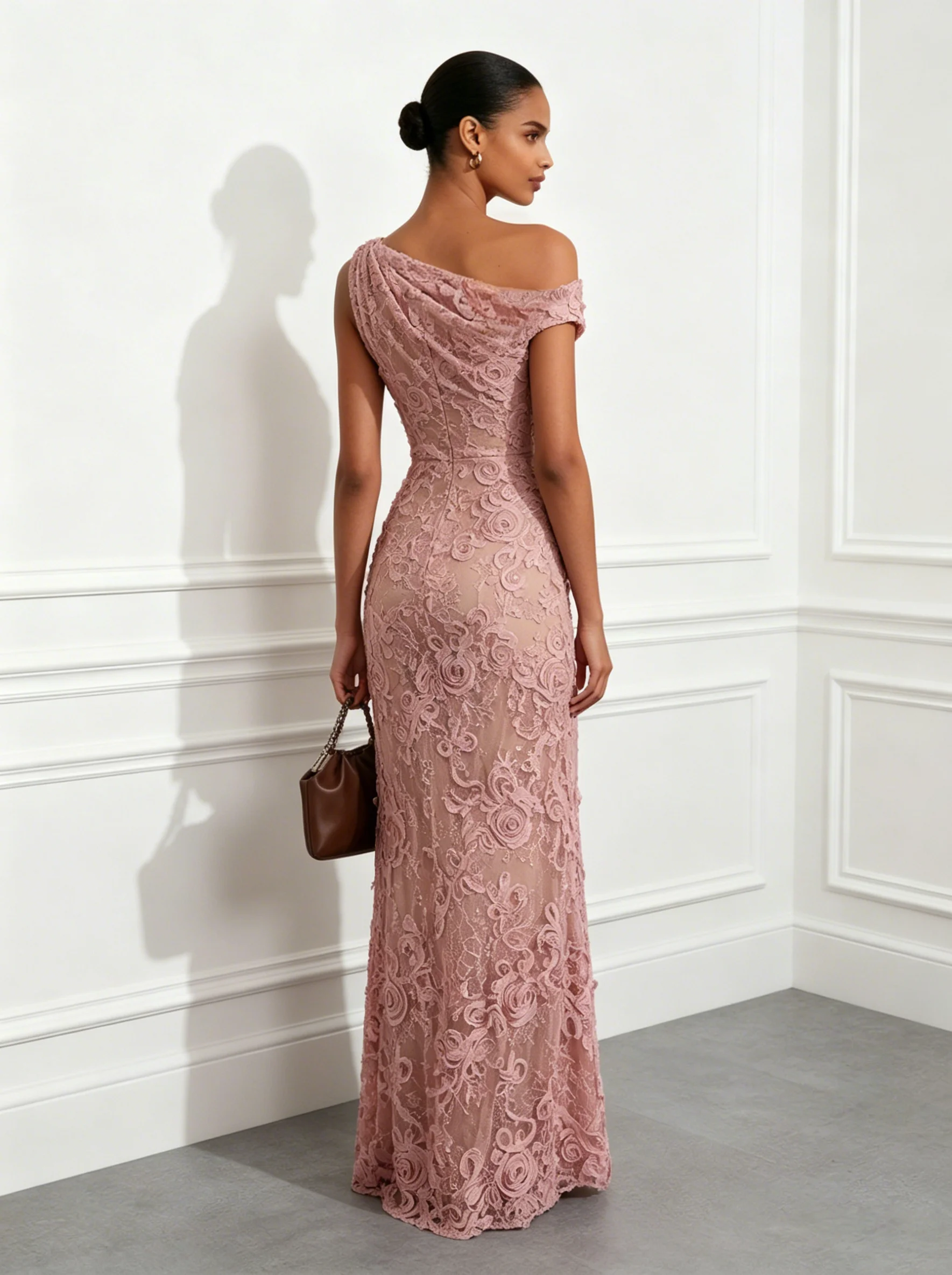 Pink Lace Asymmetrical Collar Short Sleeve Sheath Floor-length Gown Dress
