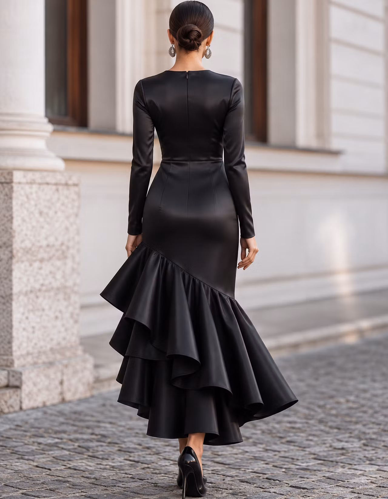 Long Sleeve Satin High-Low Ruffle Mermaid Maxi Dress