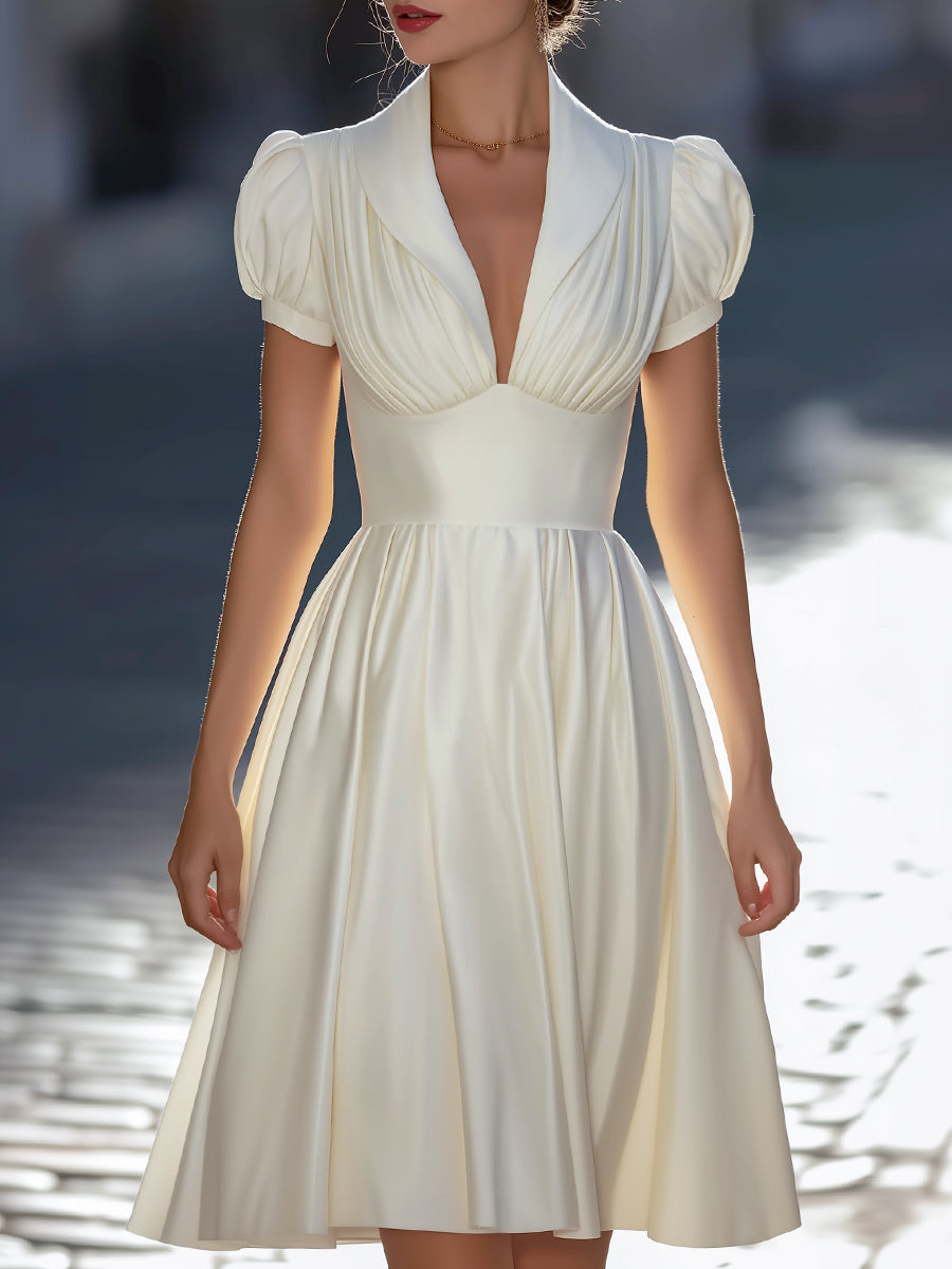 White Pleated V-Neck Puff Sleeve Fit-and-Flare Dress
