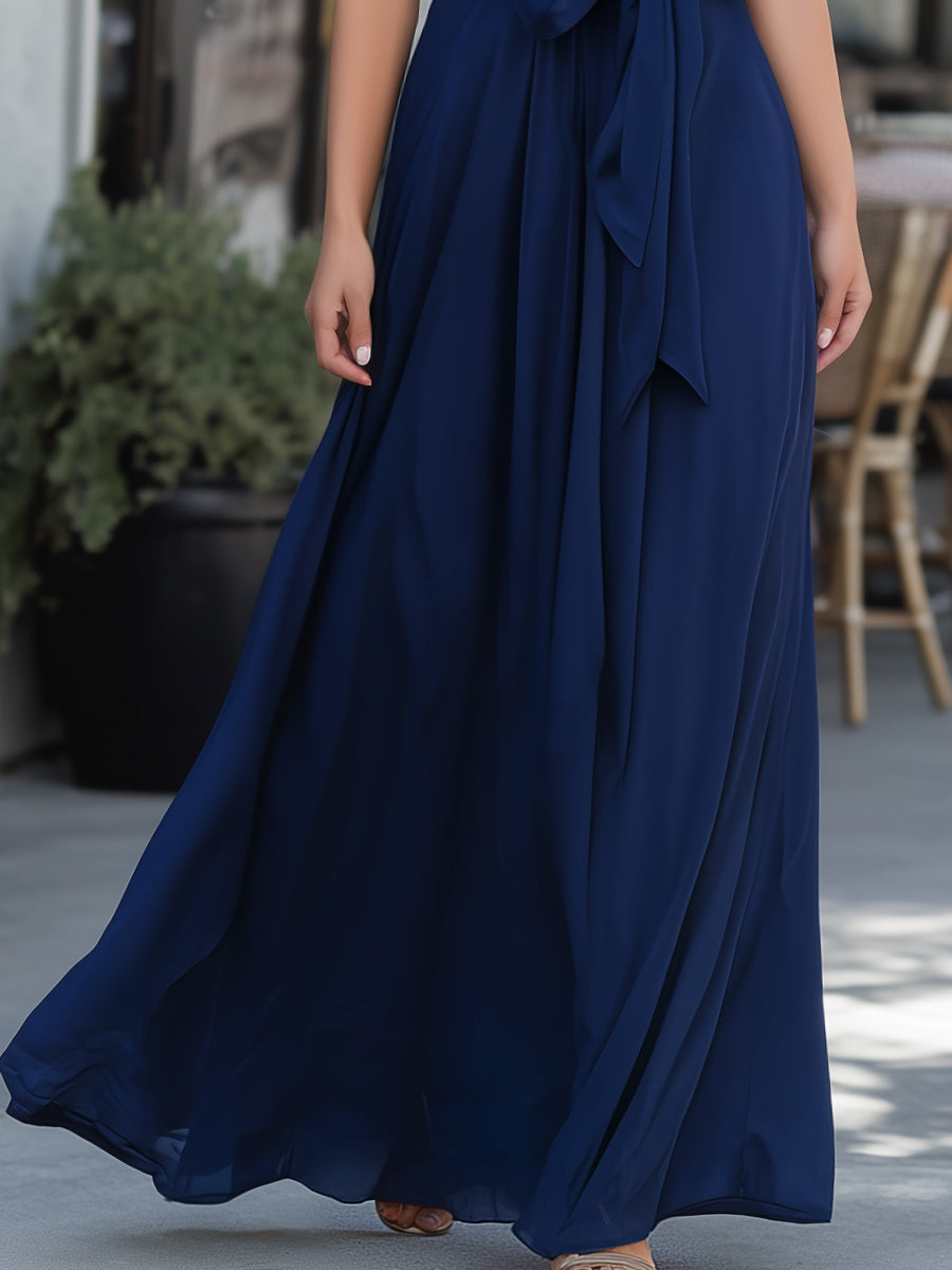 Navy Halter Neck Tie-Waist Flowing Maxi Dress