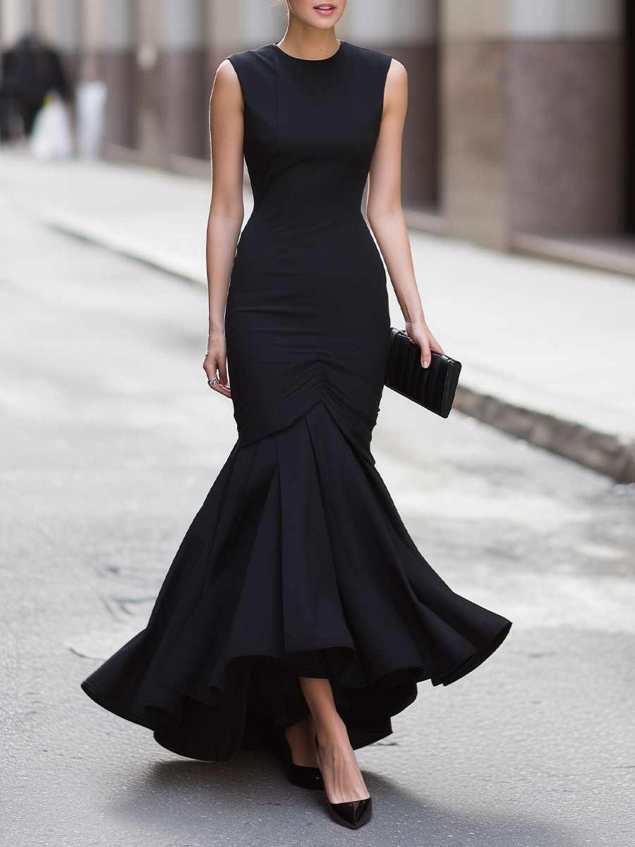 Black Sleeveless Ruched Mermaid Hem Midi Dress