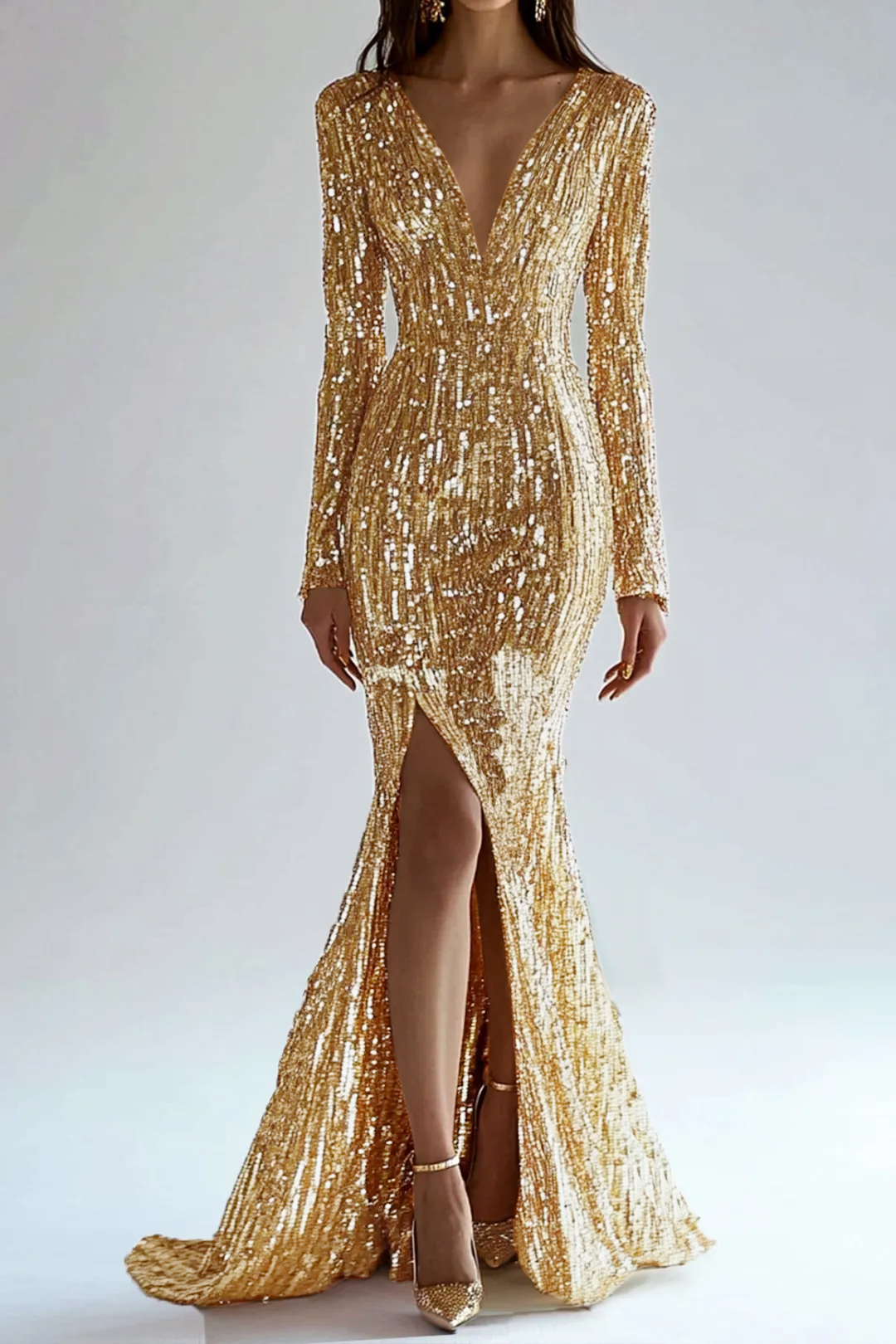 Gold Dress Sequin High Slit Long Sleeve Mermaid Maxi Dress