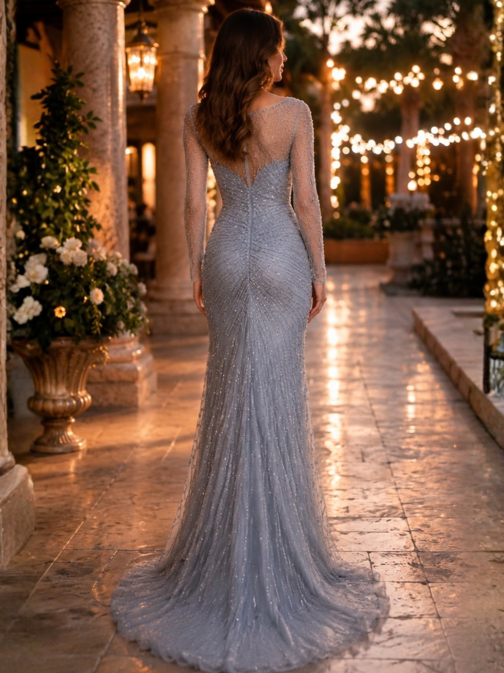 Dusty Blue Beaded Illusion Long Sleeve High Slit Mermaid Tulle Evening Gown