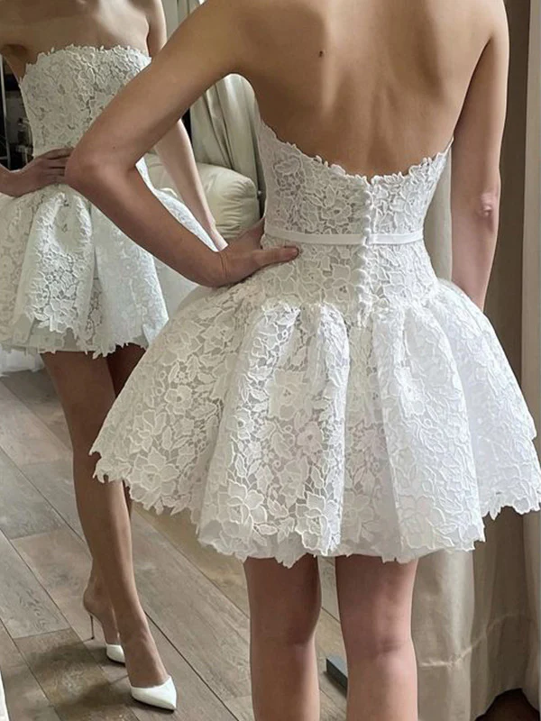 Women White Lace Strapless A-Line Mini Dress with Bow Waist
