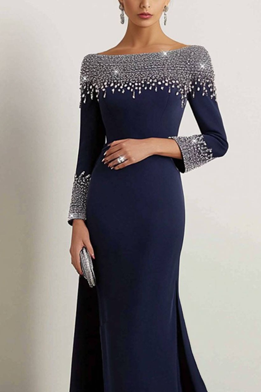 Elegant Dress Navy Boat Neck Rhinestone Maxi Dress Mother of the Bride Dress