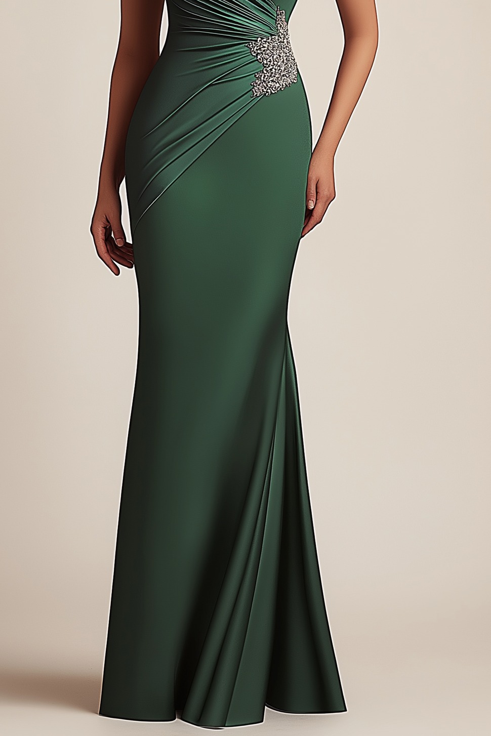 Formal Evening Dress Green One Shoulder Pleated Rhinestone Maxi Gown